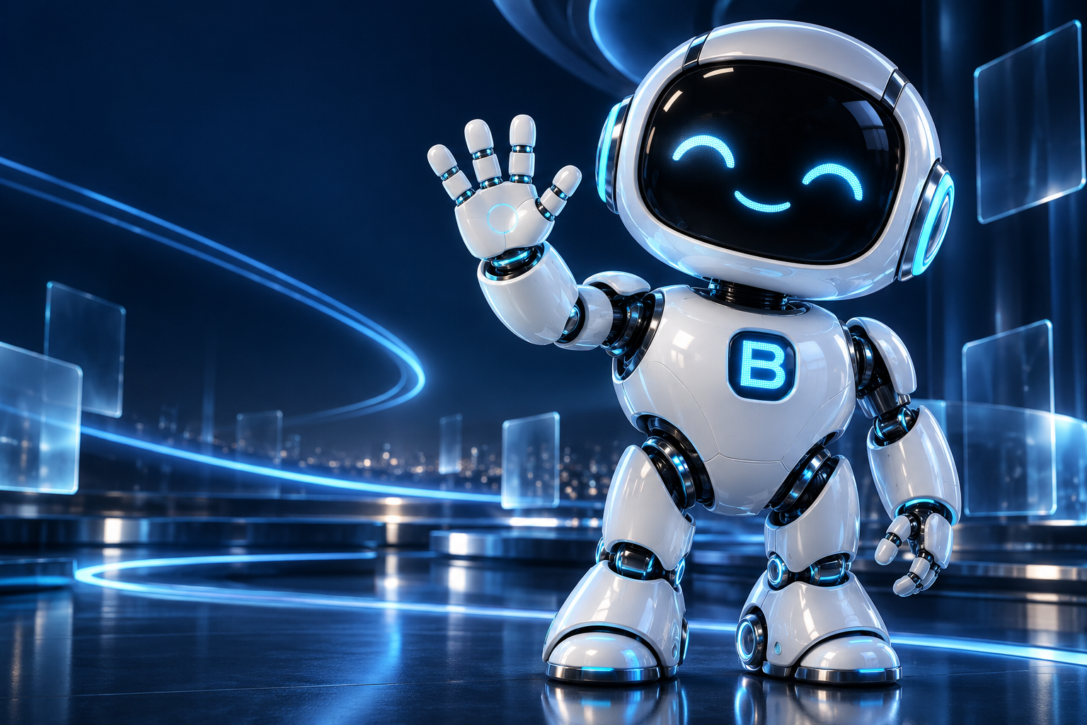 La mascota BitBlue saluda desde un entorno tecnológico iluminado en azul